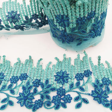 Cyan Blue Net Scallop Lace Trim with Navy Blue Floral Embroidery And Blue Sequins, Sari Border, Embroidered Trim